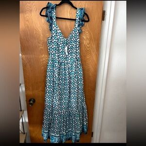 Lucky Brand Teal and White Floral Maxi Dress L